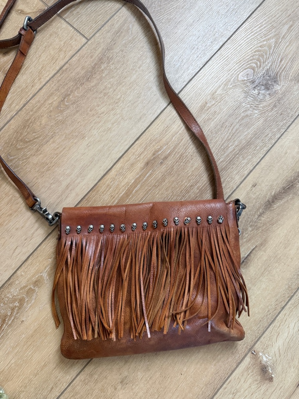 POL Fringe Crossbody Bag with Skull Stud Accents - Brown